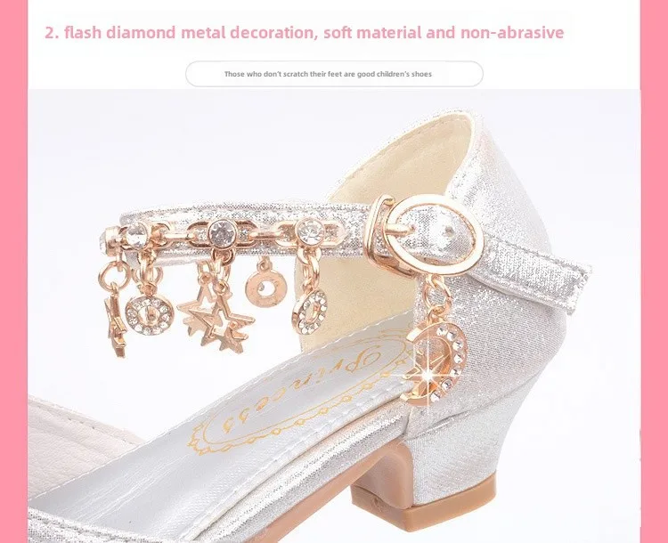 Princess High Heels Crystal Performance Silver Shoes For Girls Spring Autumn New Style Children's Footwear Low Cut Ultra Leather display picture 5