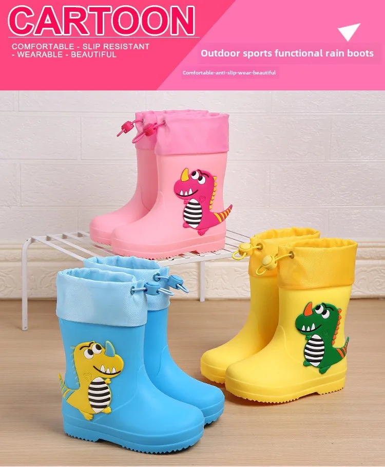 Adorable Children's Rain Boots Anti-Slip Waterproof PVC Boot Covers For Toddlers Boys Girls Kindergarten Kids Dinosaur Pattern display picture 1