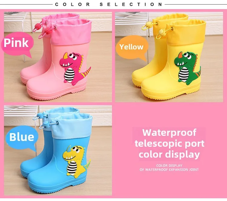 Adorable Children's Rain Boots Anti-Slip Waterproof PVC Boot Covers For Toddlers Boys Girls Kindergarten Kids Dinosaur Pattern display picture 3