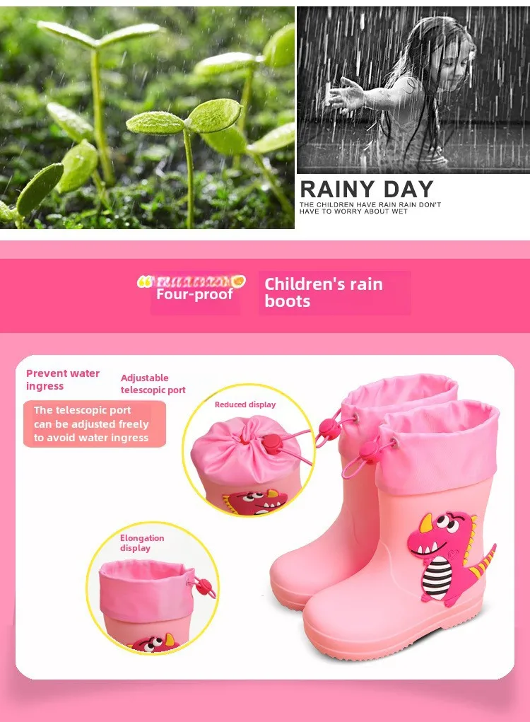 Adorable Children's Rain Boots Anti-Slip Waterproof PVC Boot Covers For Toddlers Boys Girls Kindergarten Kids Dinosaur Pattern display picture 6