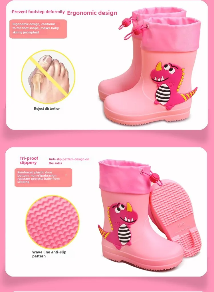 Adorable Children's Rain Boots Anti-Slip Waterproof PVC Boot Covers For Toddlers Boys Girls Kindergarten Kids Dinosaur Pattern display picture 7