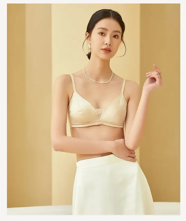 Tangge Silk Satin Thin Bra Luxury  Silk Wireless Underwear Big Chest Small Breathable Traditional Style display picture 9