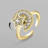 Fashion Golden Star Moon Zircon Rotating Copper Open Ring main image 1