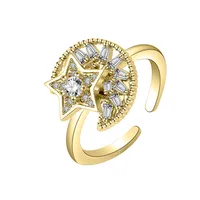 Fashion Golden Star Moon Zircon Rotating Copper Open Ring main image 5