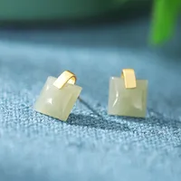 Square Ethnic Style Inlaid Jade Earrings Ear Studs main image 3