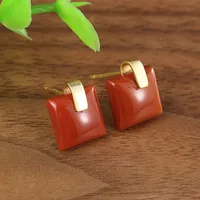 Square Ethnic Style Inlaid Jade Earrings Ear Studs sku image 3