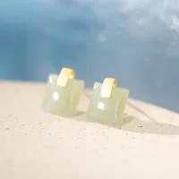 Square Ethnic Style Inlaid Jade Earrings Ear Studs sku image 2