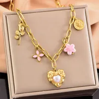 Forma De Corazón Flor Casual Estilo Vintage Señora Acero Inoxidable 304 Collar Con Múltiples Dijes Venta Al Por Mayor main image 1