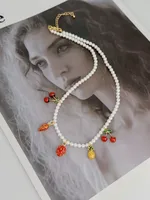 Cherry Fruit Cute Sweet IG Style 18K Gold Plated Imitation Pearl Copper Multi Charms Necklace Wholesale main image video