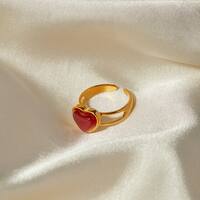Style IG Acier Inoxydable 304 Forme De Cœur Incruster Rouge Agate Plaqué Or 18K Femmes Anneau Ouvert main image 2