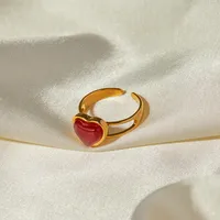 IG Style 304 Stainless Steel Heart Shape Inlay Red Agate 18K Gold Plated Women's Open Rings main image 1