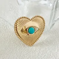 Élégant Style Vintage Style Simple Acier Inoxydable 304 Forme De Cœur Placage Évider Incruster Turquoise Plaqué Or 14K Femmes Anneau Ouvert main image 5