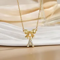Simple 26 Letters Inlaid Zircon Bow Necklace Women's Simple High Sense Ornament Titanium Steel No Fading sku image 1