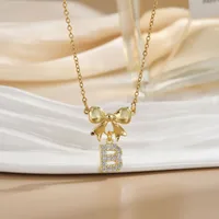 Simple 26 Letters Inlaid Zircon Bow Necklace Women's Simple High Sense Ornament Titanium Steel No Fading main image 4