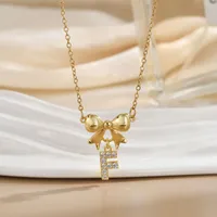 Simple 26 Letters Inlaid Zircon Bow Necklace Women's Simple High Sense Ornament Titanium Steel No Fading sku image 4
