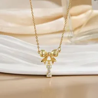 Simple 26 Letters Inlaid Zircon Bow Necklace Women's Simple High Sense Ornament Titanium Steel No Fading sku image 7