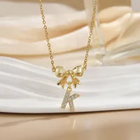 Simple 26 Letters Inlaid Zircon Bow Necklace Women's Simple High Sense Ornament Titanium Steel No Fading sku image 9