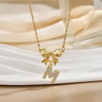 Simple 26 Letters Inlaid Zircon Bow Necklace Women's Simple High Sense Ornament Titanium Steel No Fading sku image 11