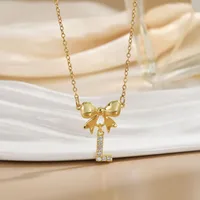 Simple 26 Letters Inlaid Zircon Bow Necklace Women's Simple High Sense Ornament Titanium Steel No Fading sku image 10