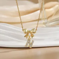 Simple 26 Letters Inlaid Zircon Bow Necklace Women's Simple High Sense Ornament Titanium Steel No Fading sku image 12