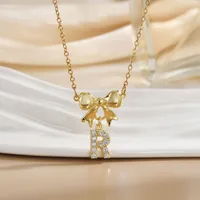 Simple 26 Letters Inlaid Zircon Bow Necklace Women's Simple High Sense Ornament Titanium Steel No Fading sku image 15
