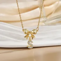 Simple 26 Letters Inlaid Zircon Bow Necklace Women's Simple High Sense Ornament Titanium Steel No Fading sku image 16