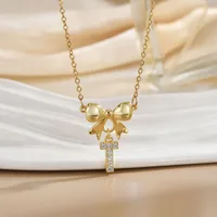 Simple 26 Letters Inlaid Zircon Bow Necklace Women's Simple High Sense Ornament Titanium Steel No Fading sku image 17