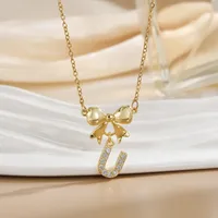 Simple 26 Letters Inlaid Zircon Bow Necklace Women's Simple High Sense Ornament Titanium Steel No Fading sku image 18