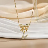 Simple 26 Letters Inlaid Zircon Bow Necklace Women's Simple High Sense Ornament Titanium Steel No Fading sku image 19