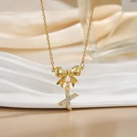 Simple 26 Letters Inlaid Zircon Bow Necklace Women's Simple High Sense Ornament Titanium Steel No Fading sku image 21