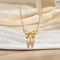Simple 26 Letters Inlaid Zircon Bow Necklace Women's Simple High Sense Ornament Titanium Steel No Fading sku image 20