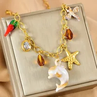 Starfish Conch Dolphin Casual Vacation 304 Stainless Steel Multi Charms Necklace Lobster Trigger Clasp Closure main image 1