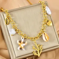 Starfish Conch Dolphin Casual Vacation 304 Stainless Steel Multi Charms Necklace Lobster Trigger Clasp Closure main image 4