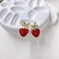 Elegante Señora Reina Cobre Cereza Corazón Rojo Nudo De Lazo Enchapado Resina Circón Chapados En Oro De 18K Mujeres Conjunto De Joyas main image 6