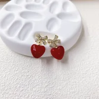 Elegante Señora Reina Cobre Cereza Corazón Rojo Nudo De Lazo Enchapado Resina Circón Chapados En Oro De 18K Mujeres Conjunto De Joyas main image 5