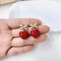Elegante Señora Reina Cobre Cereza Corazón Rojo Nudo De Lazo Enchapado Resina Circón Chapados En Oro De 18K Mujeres Conjunto De Joyas main image 8