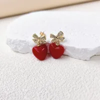 Élégant Femme Reine Le Cuivre Cerise Coeur Rouge Noeud D'Arc Placage Résine Zircon Plaqué Or 18K Femmes Ensemble De Bijoux main image 7
