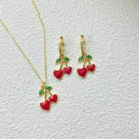 Glam Cute Pastoral Copper Cherry Strawberry Enamel Plating Resin Zircon 18K Gold Plated Women's Jewelry Set main image 5