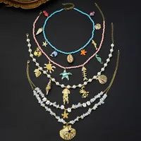 Scallop Starfish Conch Marine Style 18K Gold Plated Alloy Seed Bead Multi Charms Necklace Wholesale main image 2