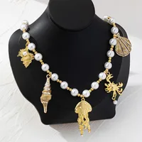 Scallop Starfish Conch Marine Style 18K Gold Plated Alloy Seed Bead Multi Charms Necklace Wholesale main image 5