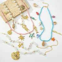Scallop Starfish Conch Marine Style 18K Gold Plated Alloy Seed Bead Multi Charms Necklace Wholesale main image 1