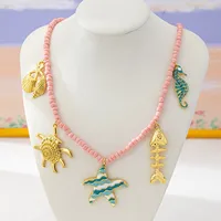 Scallop Starfish Conch Marine Style 18K Gold Plated Alloy Seed Bead Multi Charms Necklace Wholesale main image 3