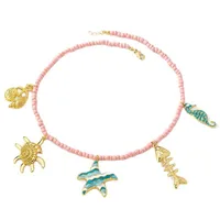 Scallop Starfish Conch Marine Style 18K Gold Plated Alloy Seed Bead Multi Charms Necklace Wholesale main image 4