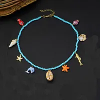 Scallop Starfish Conch Marine Style 18K Gold Plated Alloy Seed Bead Multi Charms Necklace Wholesale sku image 4
