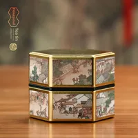 Boîte En Fer Traditionnelle Chinoise Vides Pour Thé Vert Ou Rouge Poids De 125g Style Hexagonal Avec Motif Rond Métallique main image 2
