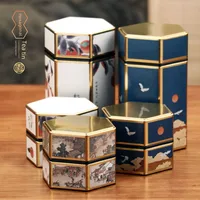 Boîte En Fer Traditionnelle Chinoise Vides Pour Thé Vert Ou Rouge Poids De 125g Style Hexagonal Avec Motif Rond Métallique main image 3