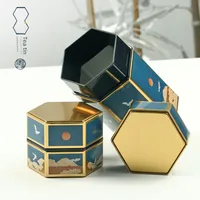 Boîte En Fer Traditionnelle Chinoise Vides Pour Thé Vert Ou Rouge Poids De 125g Style Hexagonal Avec Motif Rond Métallique main image 4