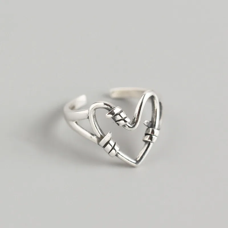 Retro Estilo Vintage Dulce Plata De Ley 925 Corazón Sin Incrustaciones Mujeres Anillos
