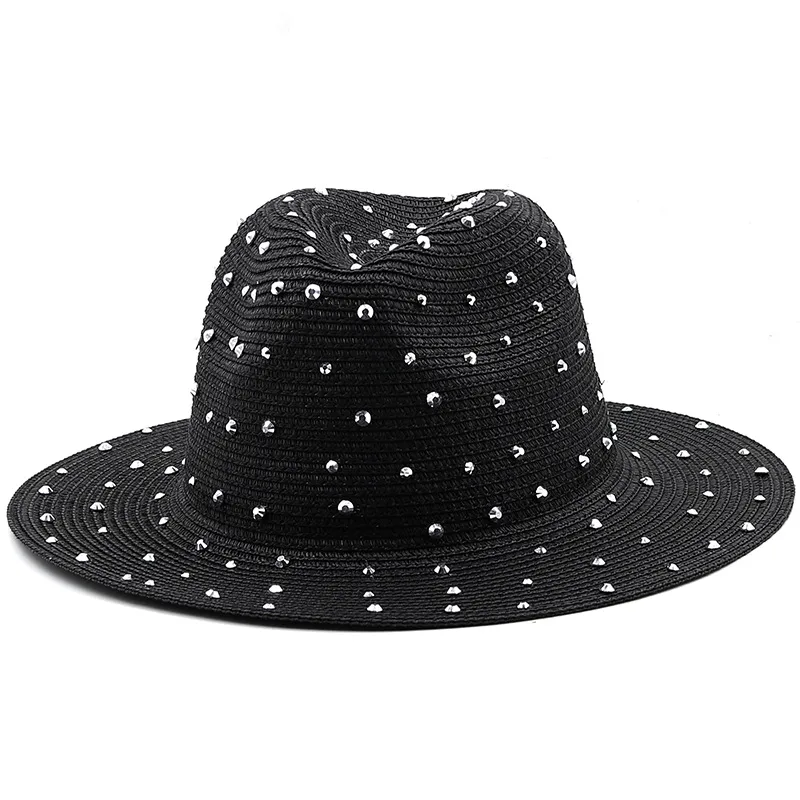 Mode Strass Simple Voyage En Plein Air Bord De Mer Crème Solaire Grand Avant-toit Chapeau De Paille
