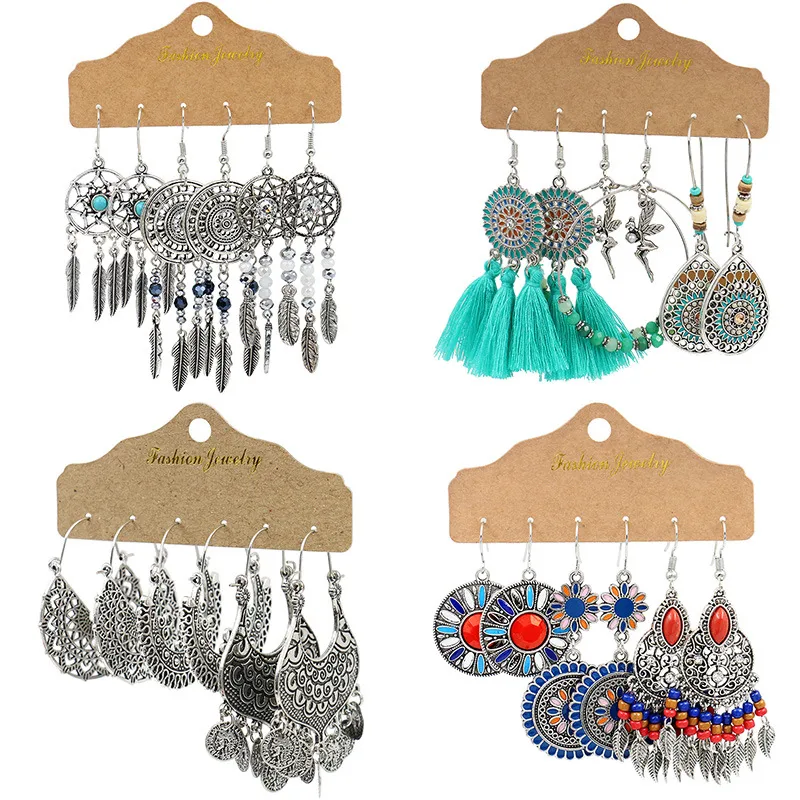 3 Pairs Geometric Bohemian Alloy Enamel Earrings
